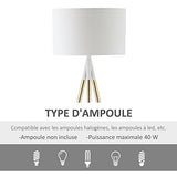 HOMCOM Lampadaire trépied style art déco 40 W max. H.144 cm piètement métal doré abat-jour polyester coton blanc
