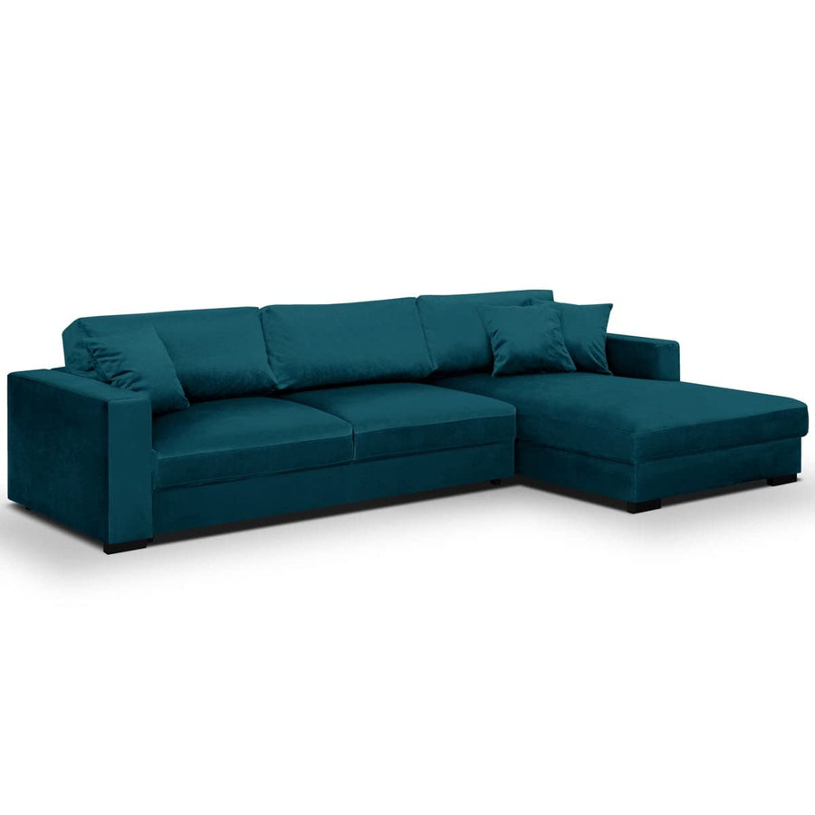 Canapé d'angle Droit Convertible 5 Places en Velours Bleu Canard avec Coffre de Rangement - Robin
