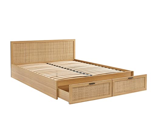 Lit Double BAÏTA INES 140x190 Avec Sommier - Tête De Lit Cannage Rotin & Effet Chêne - Charge Max 220 Kg