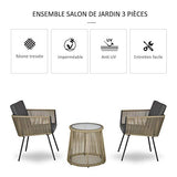 Ensemble Salon de Jardin 3 pièces Style Colonial 2 fauteuils avec Coussins Gris + Table Basse résine Filaire Beige Acier époxy Noir