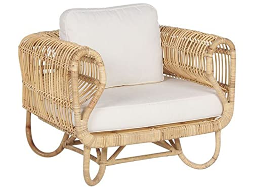 Fauteuil Design en Rotin Naturel avec Accoudoirs Décoratifs et Coussins Beiges pour Chambre Salon ou Jardin au Style Boho et Rustique Beliani