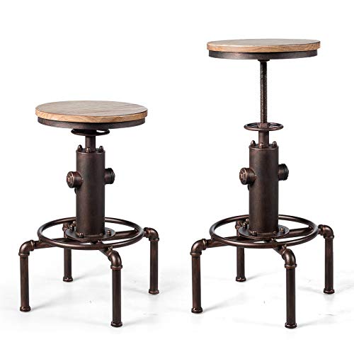 LIFEZEAL Tabouret de Bar Industriel, Hauteur Réglable 59,5-75CM, Tabouret Cuisine Rond Pivotant 360° avec Repose-Pieds, Siège en Pin 33x33CM, Support en Tube de Fer avec Charge de 150 KG, Bronze