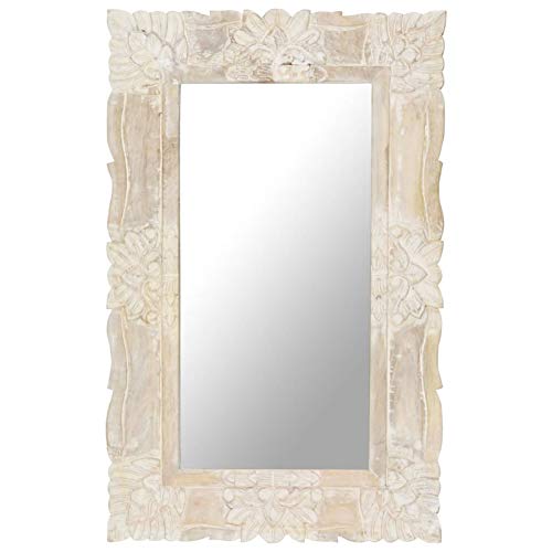 Tidyard Miroir Mural Design, Miroir Rectangulaire à Accrocher, Miroir Cadre en Bois Blanc 80x50 cm Bois de manguier Massif