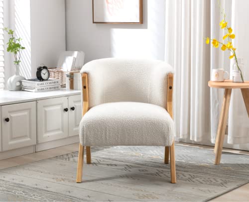 Wahson Fauteuil Salon, Fauteuils de Salon en Fausse Fourrure Fauteuil Relax avec Coussin Épais Fauteuil Chambre en Bois, Fauteuil pour Chambre/Salon, Blanc