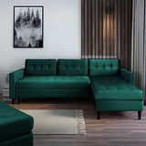 Selsey KOPENHAGA - Canapé d’Angle avec Pouf (Tissu Monolith 37 Vert Bouteille, Pieds Noirs en Bois, Coffre de Rangement intégré dans Le Pouf)