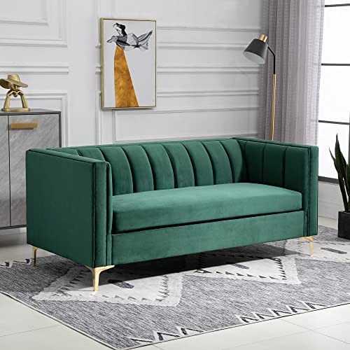 HOMCOM Canapé 3 Places Style Art Déco piètement Acier doré revêtement Velours Vert Sapin