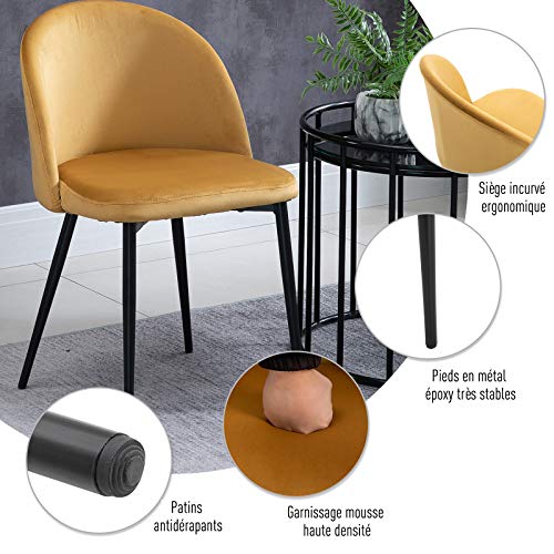 HOMCOM Chaises de Salle à Manger Design scandinave - Lot de 2 chaises - Pieds effilés métal Noir - Assise Dossier Ergonomique Velours Moutarde