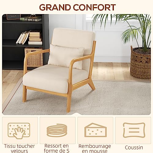 HOMCOM Fauteuil de Salon avec Cadre en Bois Massif Fauteuil Lounge - Assise Profonde - accoudoirs - Aspect Velours Beige