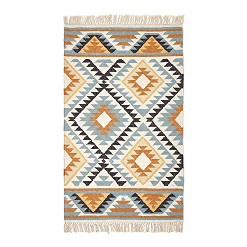 HOMESCAPES - Tapis Kilim en Laine à Motif géométrique Jaune, Fabrication Artisanale - Agra - 120 x 170 cm