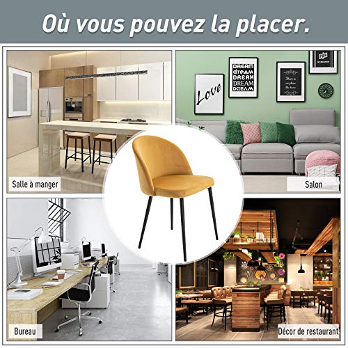 HOMCOM Chaises de Salle à Manger Design scandinave - Lot de 2 chaises - Pieds effilés métal Noir - Assise Dossier Ergonomique Velours Moutarde