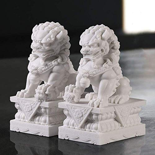 SBTXHJWCGLD Statue de Chien de Gardien de Pierre FOO, Une Paire de Chiens de Fu Foo, Lion de Chien de Feng Shui Foo, Jade de marbre Blanc d'animal de Bon augure Traditionnel Chinois, éloigner
