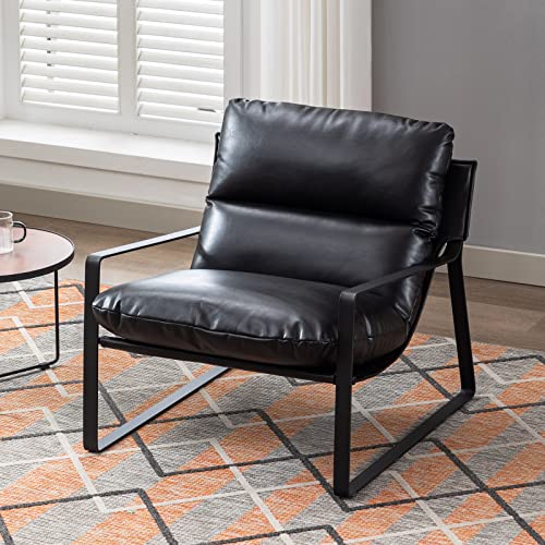 Wahson Fauteuil de Salon Confortable en Similicuir, Chaise Relaxant avec Siège Épais, Fauteuil Lounge de Structure Métal, Chaise Loisirs pour Salon et Chambre, Noir