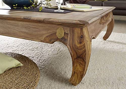 Table Basse Carrée 90x90 Cm En Bois Massif D'acacia Laqué - Style Ethnique/colonial, Couleur Nougat, à Monter (33 Kg)