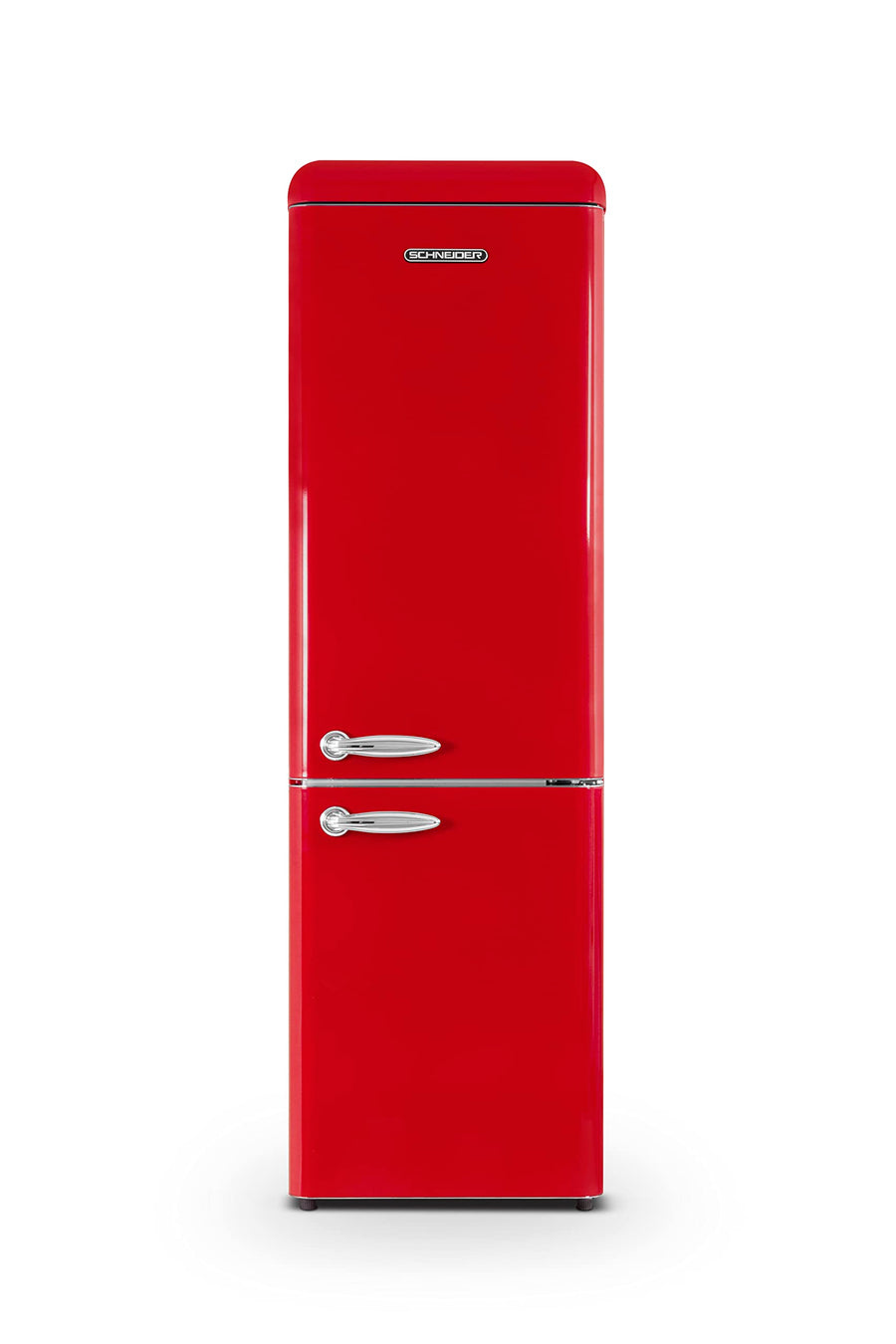SCHNEIDER SCCB250VR, Réfrigérateur combiné vintage, 249L (180+69), Froid statique, 4 clayettes verre, Pose libre, Pieds réglable, Rouge SCHNEIDER SCCB250VR, Réfrigérateur combiné vintage, 249L (180+69), Froid statique, 4 clayettes verre, Pose libre, Pieds réglable, Rouge