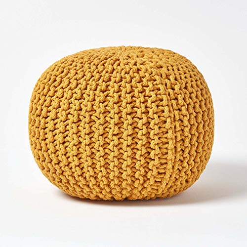 HOMESCAPES Pouf Rond tressé en Coton, Pouf Tricot Coloris Jaune Moutarde, 40x35 cm