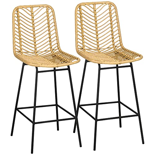 HOMCOM Lot de 2 tabourets de Bar Chaise de Bar Design bohème Hauteur 66 cm avec Repose-Pieds métal - Naturel