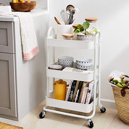 PIPOEI Chariot De Rangement 3 Niveaux Avec Poignées Et Roues - Organisateur Cuisine Salle De Bain Blanc