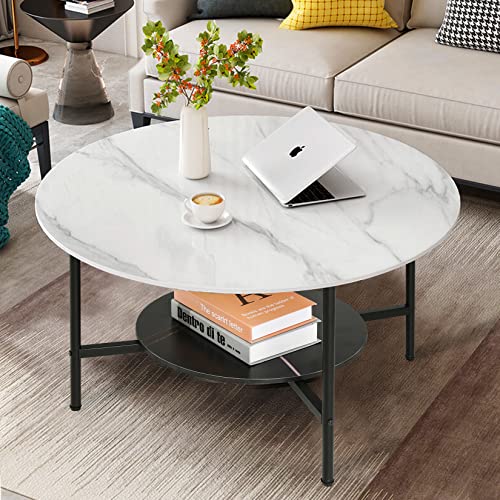 FATIVO Table Basse Ronde Marbre Salon: Table Café Industrielle Design Table Basse Blanche Moderne Scantinave en Pierre Frittée Grand Plateau pour Salon Bureau Café - φ80x48cm Noir