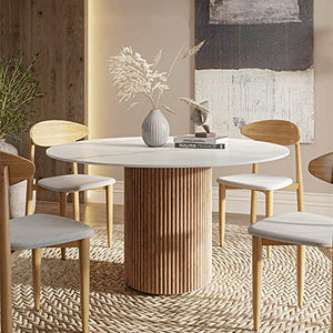 Table de salle à manger ronde en pin massif, table de cuisine moderne en marbre blanc, table de salle à manger en bois naturel, meuble de restaurant – 120 x 120 x 75 cm (L x l x H)