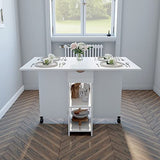 Meerveil Table à Manger Pliable, Table de Cuisine pour Petits Espaces avec 1 Tiroir et 2 Etagères de Rangement, pour Salle à Manger Cuisine, 72 x 120 x 75 cm, Blanc