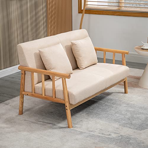 HOMCOM Canapé à 2 Places Fauteuil Salon Moderne et Scandinave Style Naturel en Bois et Tissu - dim. 123L x 69l x 74H cm - Beige
