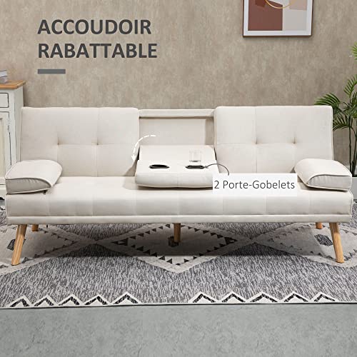 HOMCOM Canapé Convertible 3 Places Design scandinave Inclinaison Dossier réglable 3 Niveaux Dossier Centrale Rabattable 2 Porte-Verres Bois Massif Lin Beige