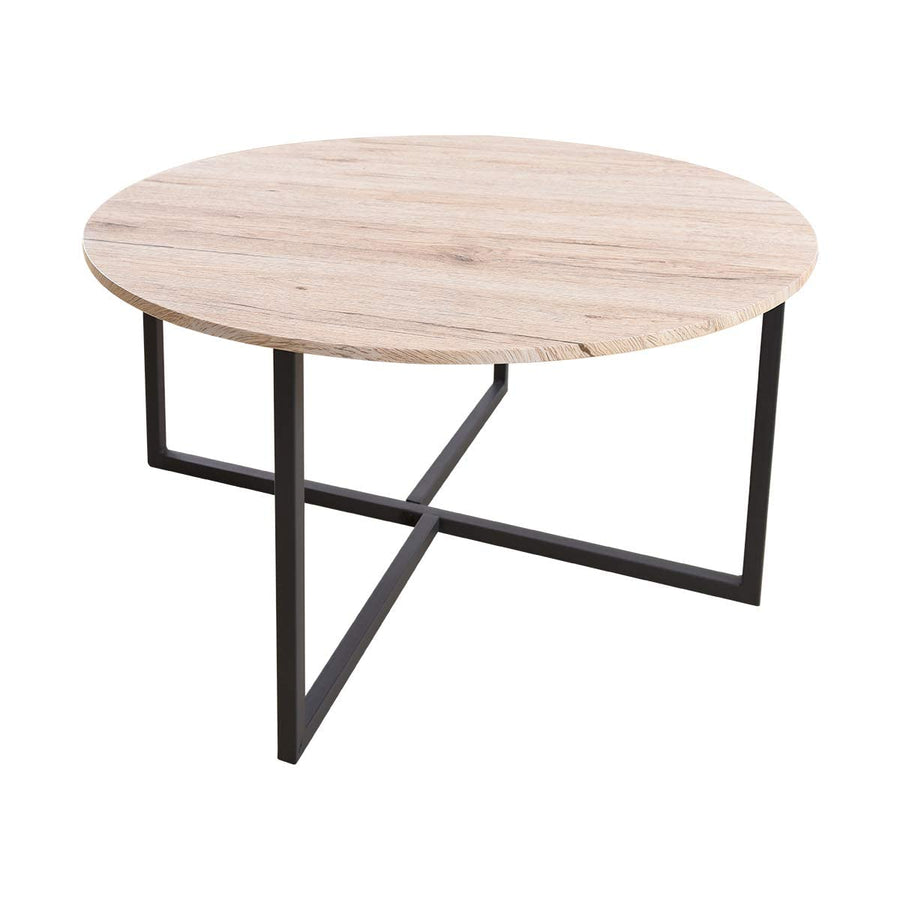 Table basse ronde pour salon avec pieds en métal, noir + chêne blanc. Table basse ronde pour salon avec pieds en métal, noir + chêne blanc.