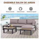 Outsunny Ensemble Salon de Jardin d'angle Design Contemporain 5 Places Coussins Marron Table Basse alu. Noir et Imitation Bois