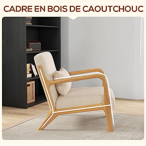 HOMCOM Fauteuil de Salon avec Cadre en Bois Massif Fauteuil Lounge - Assise Profonde - accoudoirs - Aspect Velours Beige