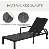 Outsunny Bain de Soleil transat Grand Confort : Matelas, Inclinaison réglable Multipositions, accoudoirs, roulettes résine tressée Noir