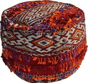 Large Vintage Round Piped edge Moroccan Handmade Red Sequinned Berber Kilim Stool (Filled) - Di 56 H cm by MAISON ANDALUZ
