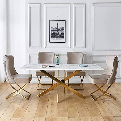 Mobilier-Deco Telma - Table à Manger rectangulaire Design Verre marbré et Pieds dorés