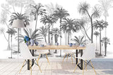 SILK ROAD EU Papier Peint Panoramique jungle Soie, 355 x 250 cm, noir et blanc Sketch Tropical Rainforest Coconut Tree Poster Geant Mural Personnalisé 3D pour Salon Chambre Décoration Murale