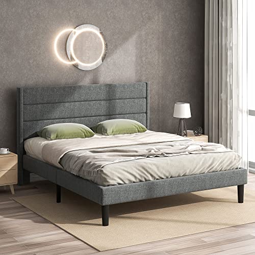 GFM Lit rembourré 140 x 200 cm - Cadre de lit avec sommier à lattes et tête de lit double rembourré - Housse textile en lin gris foncé - Design moderne intemporel - Lit pour adolescent GFM Lit rembourré 140 x 200 cm - Cadre de lit avec sommier à lattes et tête de lit double rembourré - Housse textile en lin gris foncé - Design moderne intemporel - Lit pour adolescent