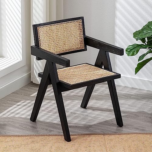 Wahson Chaise de Salle à Manger en Cannage Chaise de Cuisine en Bois Rotin Chaise Vintage Chaise Loisirs Confortable pour Salon/Cuisine, Noir