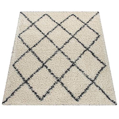 Tapis Shaggy Tapis De Salon Poil Long Moderne Boho Scandinave Motif Diamant, Dimension:160x220 cm, Couleur:Crème 2