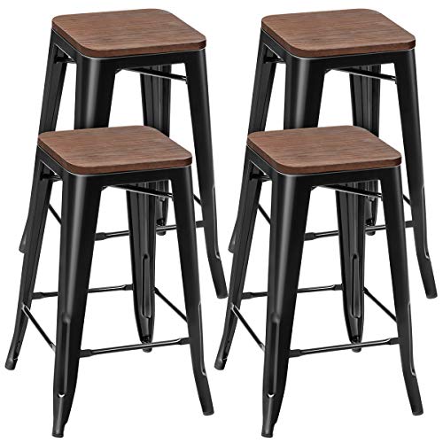 COSTWAY Lot de 4 Tabouret Bar Tolix Empilable de Style Industriel Vintage Siège en Bois avec Repose-Pied et Patin du Pied pour Salle à Manger, Salon, Cuisine, Hauteur 64,5 CM, Jusqu’à 150 KG, Noir