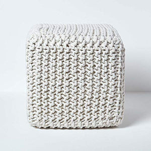 HOMESCAPES Pouf carré tressé en Tricot, Pouf Cube Coloris Blanc cassé, 35x35x35 cm