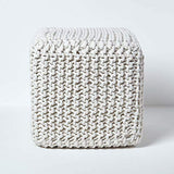 HOMESCAPES Pouf carré tressé en Tricot, Pouf Cube Coloris Blanc cassé, 35x35x35 cm