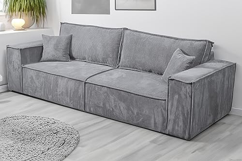 Tendencio Canapé Convertible 3 Places Vella en Velours côtelé - 255 cm - Mode lit et Coffre de Rangement (Gris Clair)