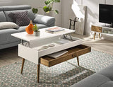 Hogar24 ES Table basse relevable style vintage avec tiroir coulissant en bois massif Blanc/bois naturel 100 x 50 x 47 cm