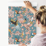 Muralo Papier Peint Feuilles, Fleurs et Oiseaux Exotiques Vinyle Faune et Flore Décoratif Végétation - 241512695