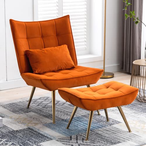 Wahson Fauteuil de Relaxation en Velours Fauteuil d'appoint avec Repose-Pieds Rembourés Chaise de Loisir Scandinave pour Salon Chambre, Orange