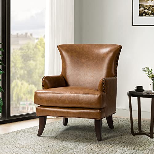 Fauteuil d Fauteuil d'appoint en similicuir avec accoudoirs pour salon fauteuil canapé simple en cuir moderne avec garniture cloutée chaise d'appoint à oreilles en cuir végétalien canapé de salon Brown