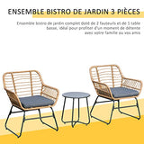 Outsunny Ensemble Bistro de Jardin 2 Places 3 pièces Style Exotique 2 fauteuils + Table Basse résine tressée Beige Acier époxy Gris