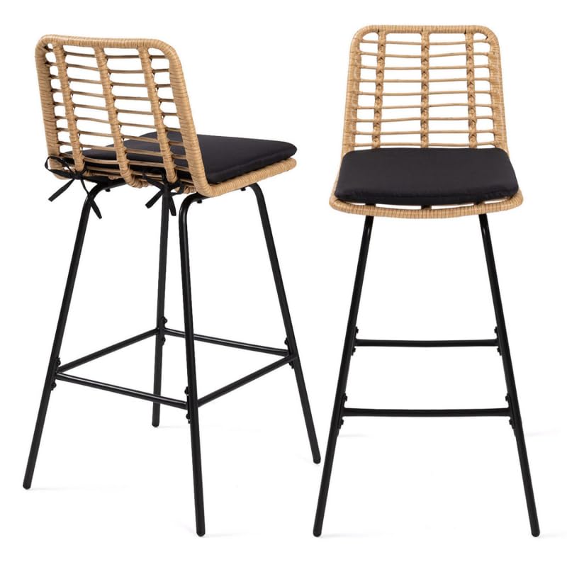 IDMarket - Lot de 2 tabourets de Bar Summer Effet rotin Pied métal Noir