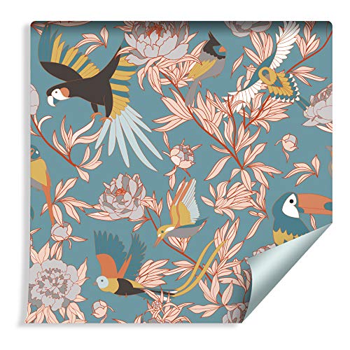 Muralo Papier Peint Feuilles, Fleurs et Oiseaux Exotiques Vinyle Faune et Flore Décoratif Végétation - 241512695