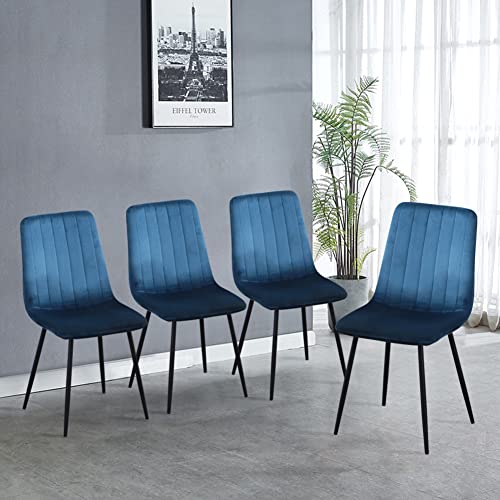 GOLDFAN Chaises Set de 4 Bleu Chaise de Salle à Manger de 4 Chaise de Cuisine Assise rembourrée en Velours Pieds en métal Stable, Bandes Bleues
