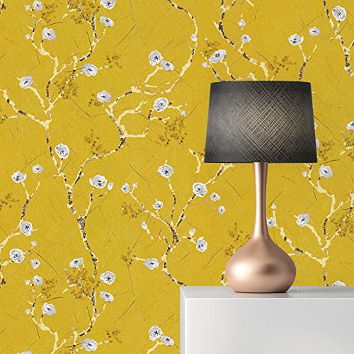 Lenni M1-No.3582 Papier peint intissé Motif fleurs Jaune/gris