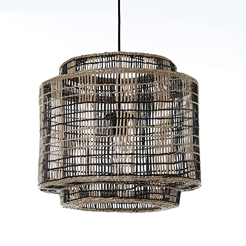 LUSSIOL - Luminaire NAIROBI, suspension rotin naturel et noir, Diam. 40 cm, E27 60W, pour séjour, salon, chambre, hall, hôtel, bar